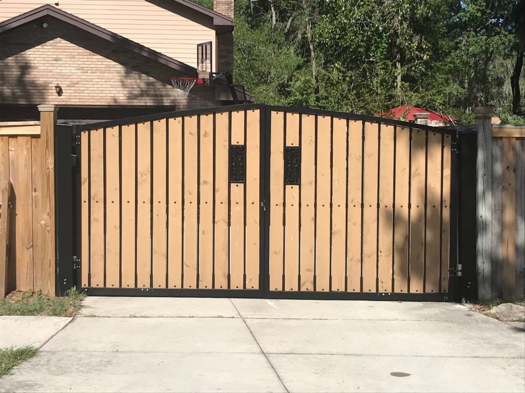Metal gate frames with wood inset